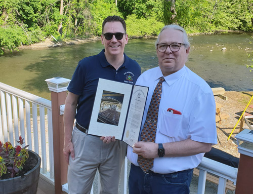 From left, Rep. Parke Wentling, Richie Williams, owner of the Adams Hotel.  June 5 presentation at the Adams Hotel of a Pennsylvania House of Representatives citation to Richie Williams celebrating the 75th anniversary of the Adams Hotel. Photo Credit: PA state Rep. Parke Wentling